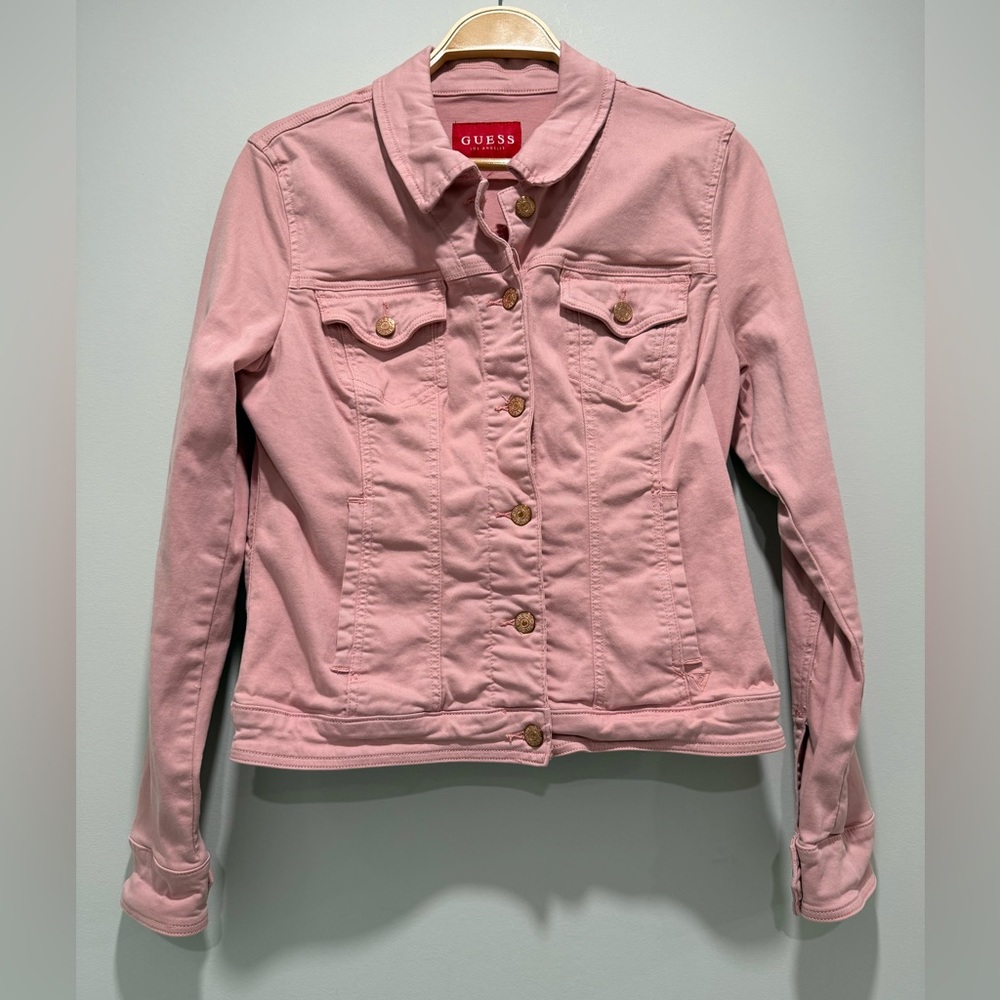 GUESS Light Pink Jean Jacket with Rose Gold Buttons Size L